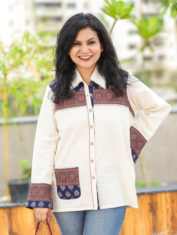Ruya Pearl White Contrast Cotton Shirt