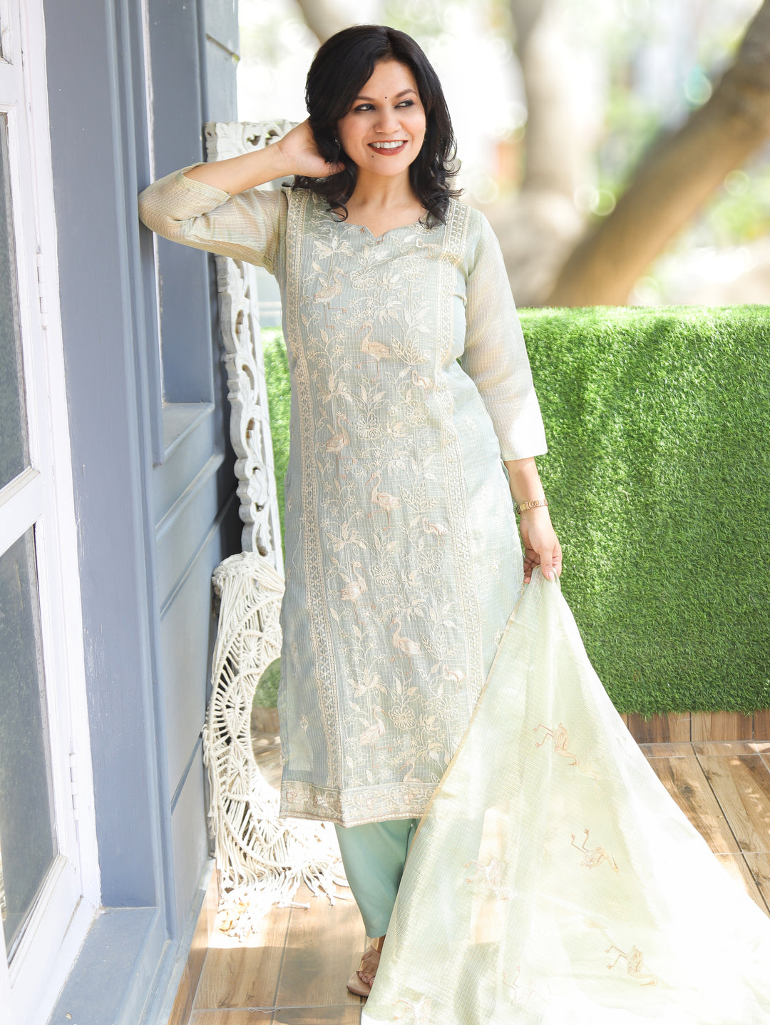 Madhavi Mint Green Panel Style Shimmer Kota Doriya Set