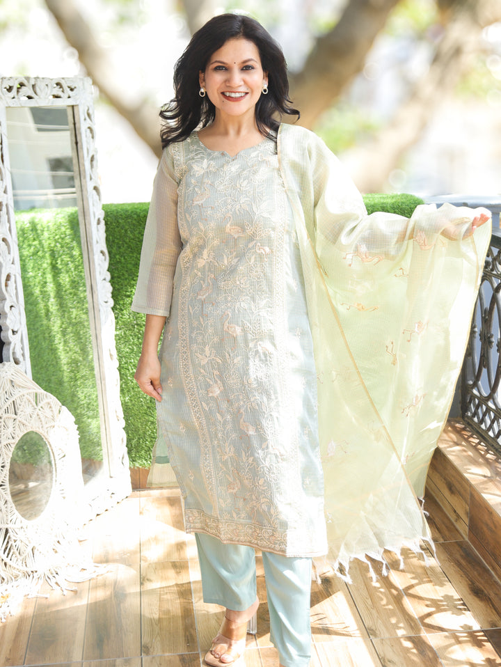 Madhavi Mint Green Panel Style Shimmer Kota Doriya Set
