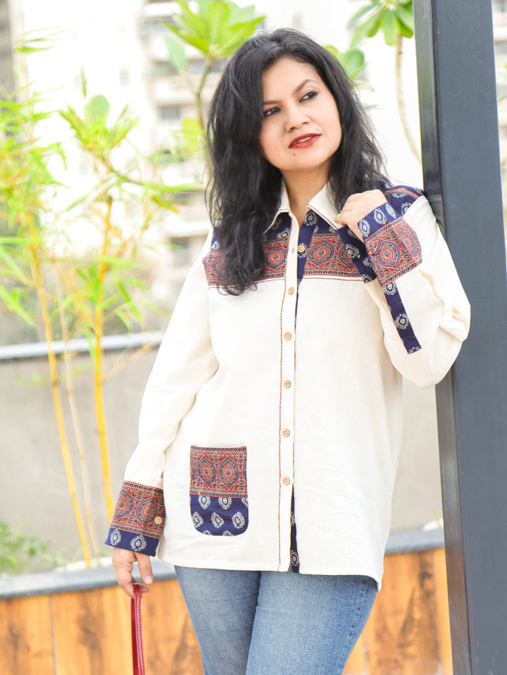 Ruya Pearl White Contrast Cotton Shirt