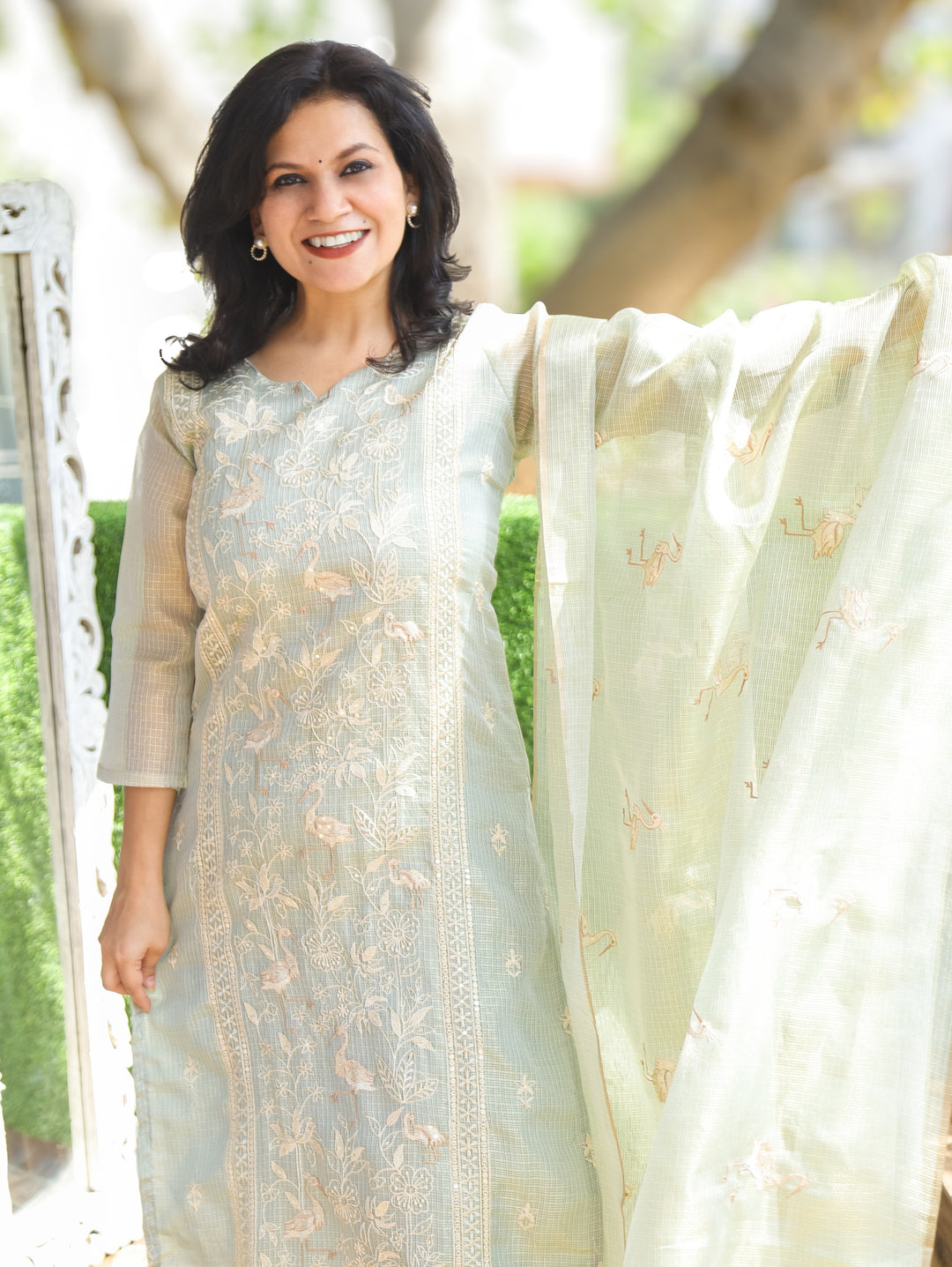 Madhavi Mint Green Panel Style Shimmer Kota Doriya Set