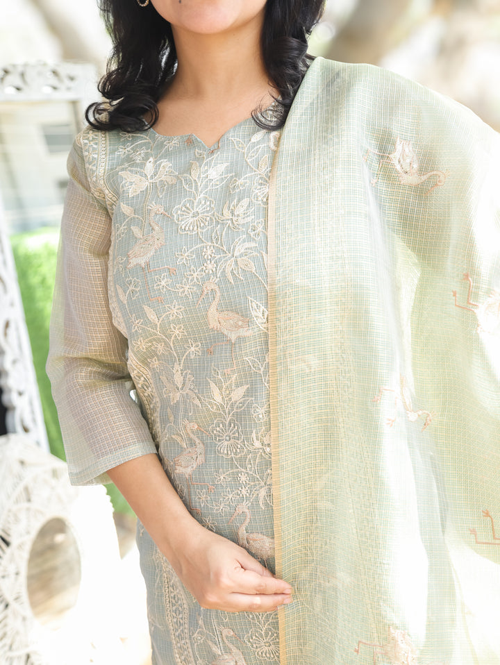 Madhavi Mint Green Panel Style Shimmer Kota Doriya Set