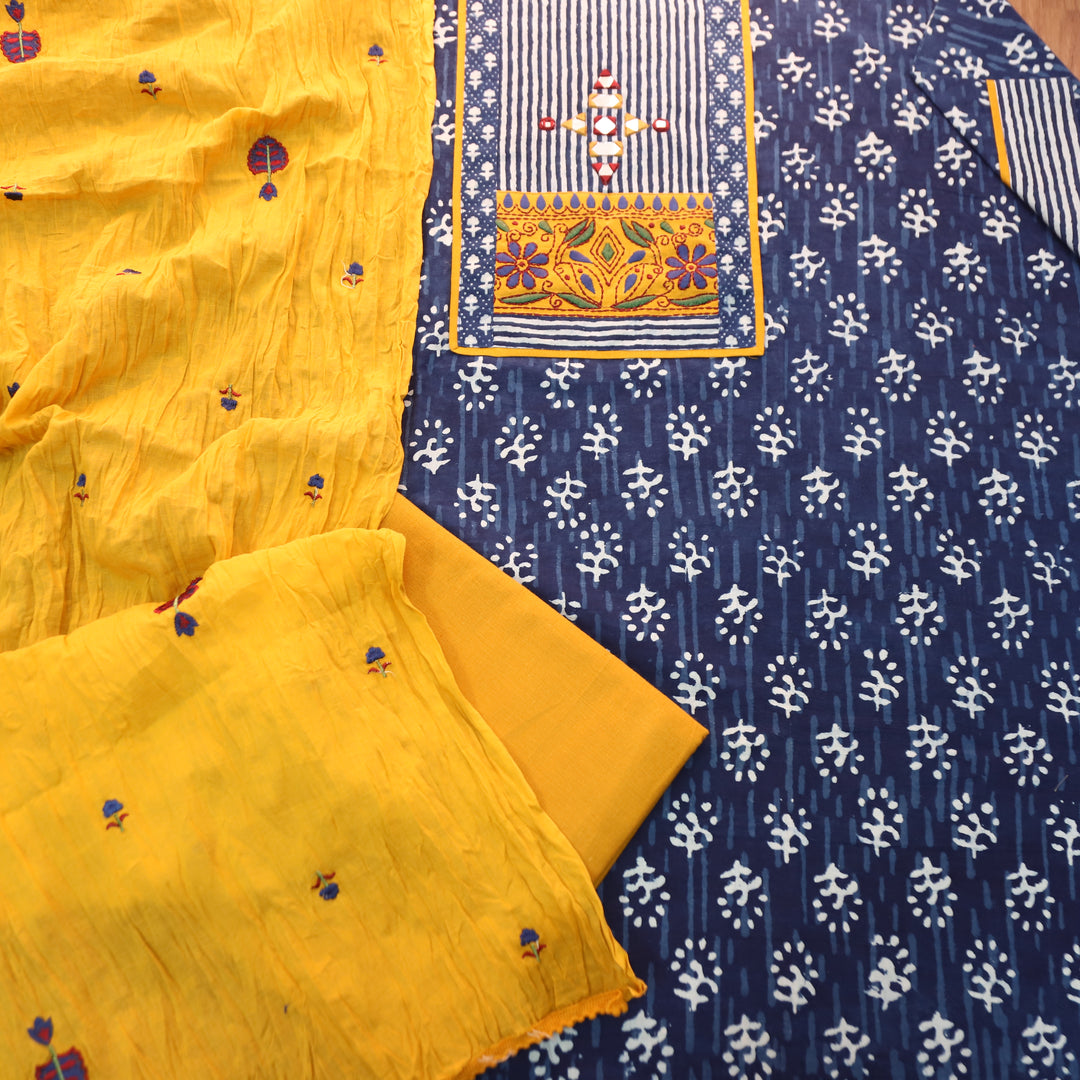 Roop Indigo Blue Mirror Work Kutch Fusion Neck Dabu Print Cotton Set