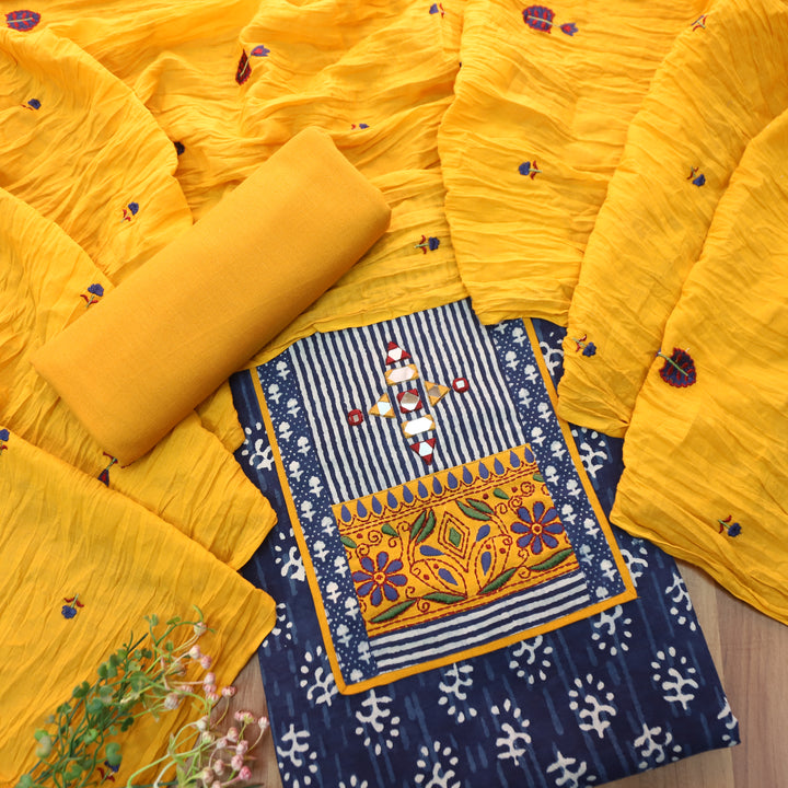 Roop Indigo Blue Mirror Work Kutch Fusion Neck Dabu Print Cotton Set