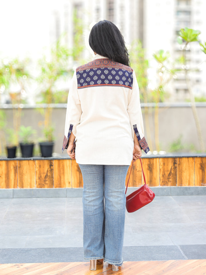 Ruya Pearl White Contrast Cotton Shirt