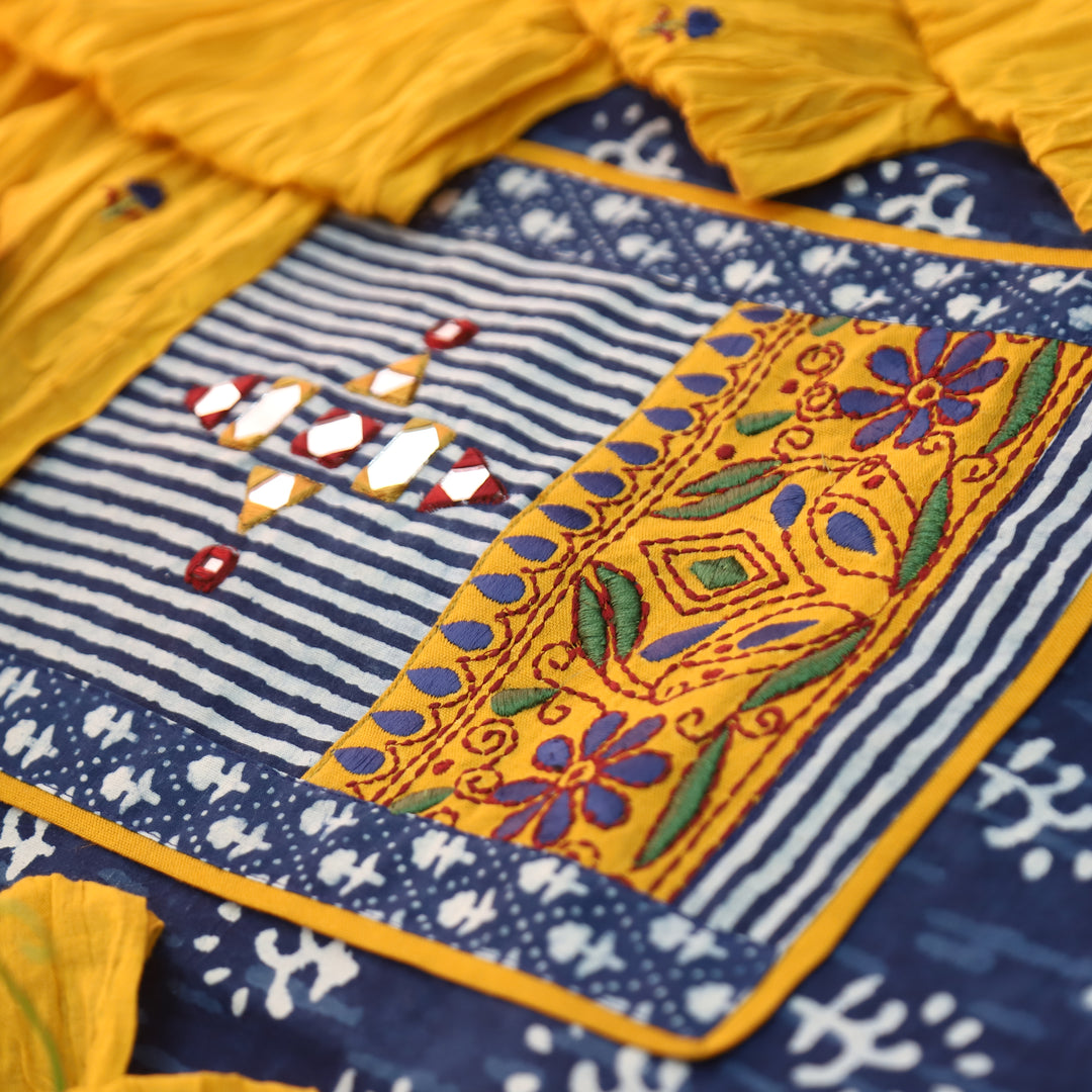 Roop Indigo Blue Mirror Work Kutch Fusion Neck Dabu Print Cotton Set