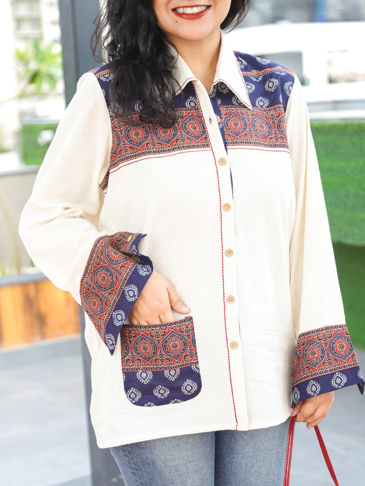 Ruya Pearl White Contrast Cotton Shirt