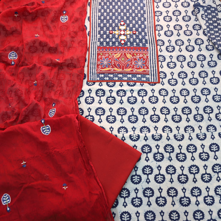 Roop Ice Blue Mirror Work Kutch Fusion Neck Dabu Print Cotton Set