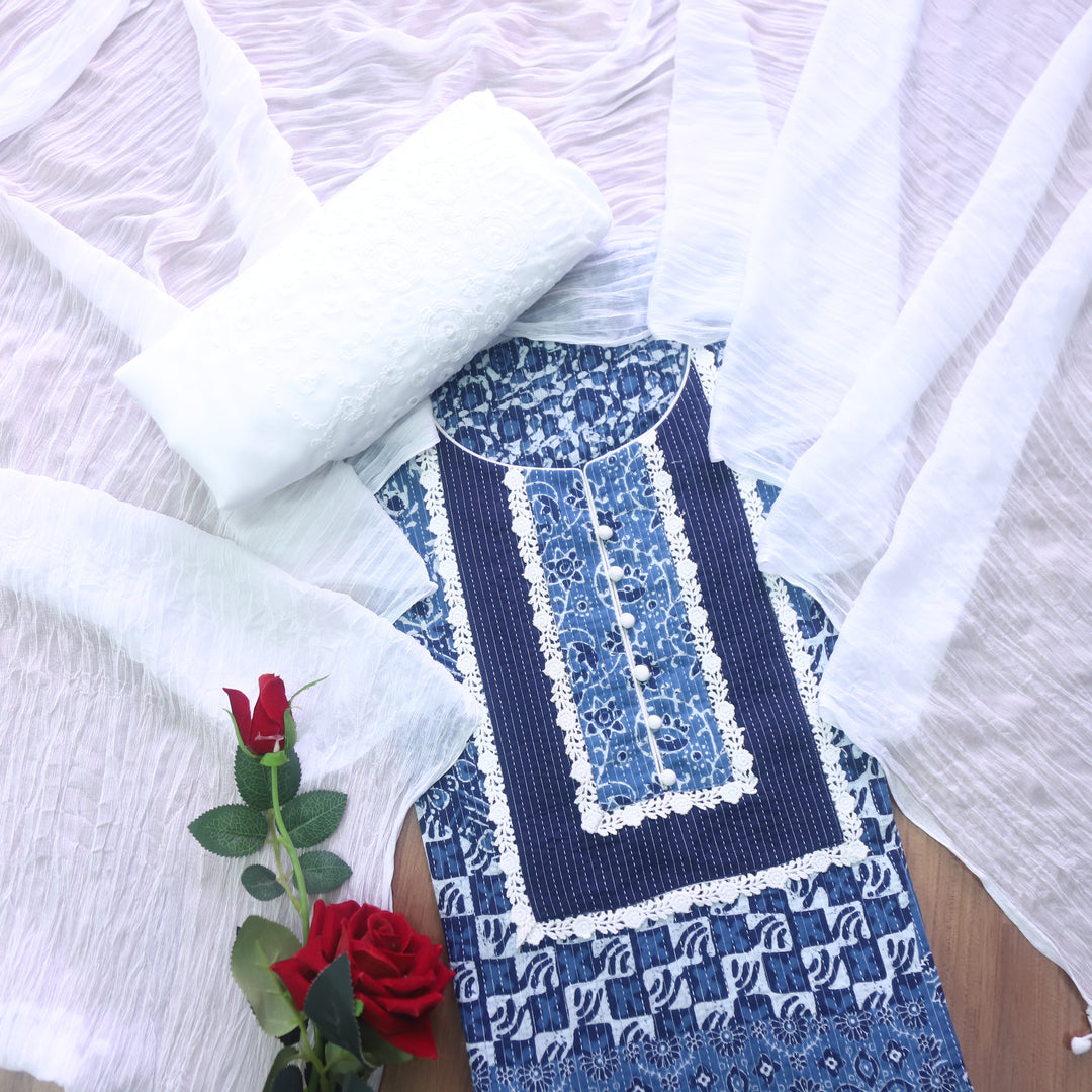 Sufna Indigo Blue Lace Neck Dabu Patch Printed in Kantha Cotton 3 Piece Set