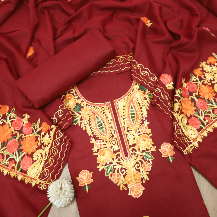 योगिनी Dark Maroon Woven with Kashida Embroidery Semi Pashmina Winter Set