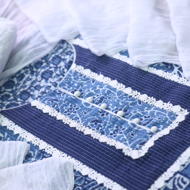 Sufna Indigo Blue Lace Neck Dabu Patch Printed in Kantha Cotton 3 Piece Set
