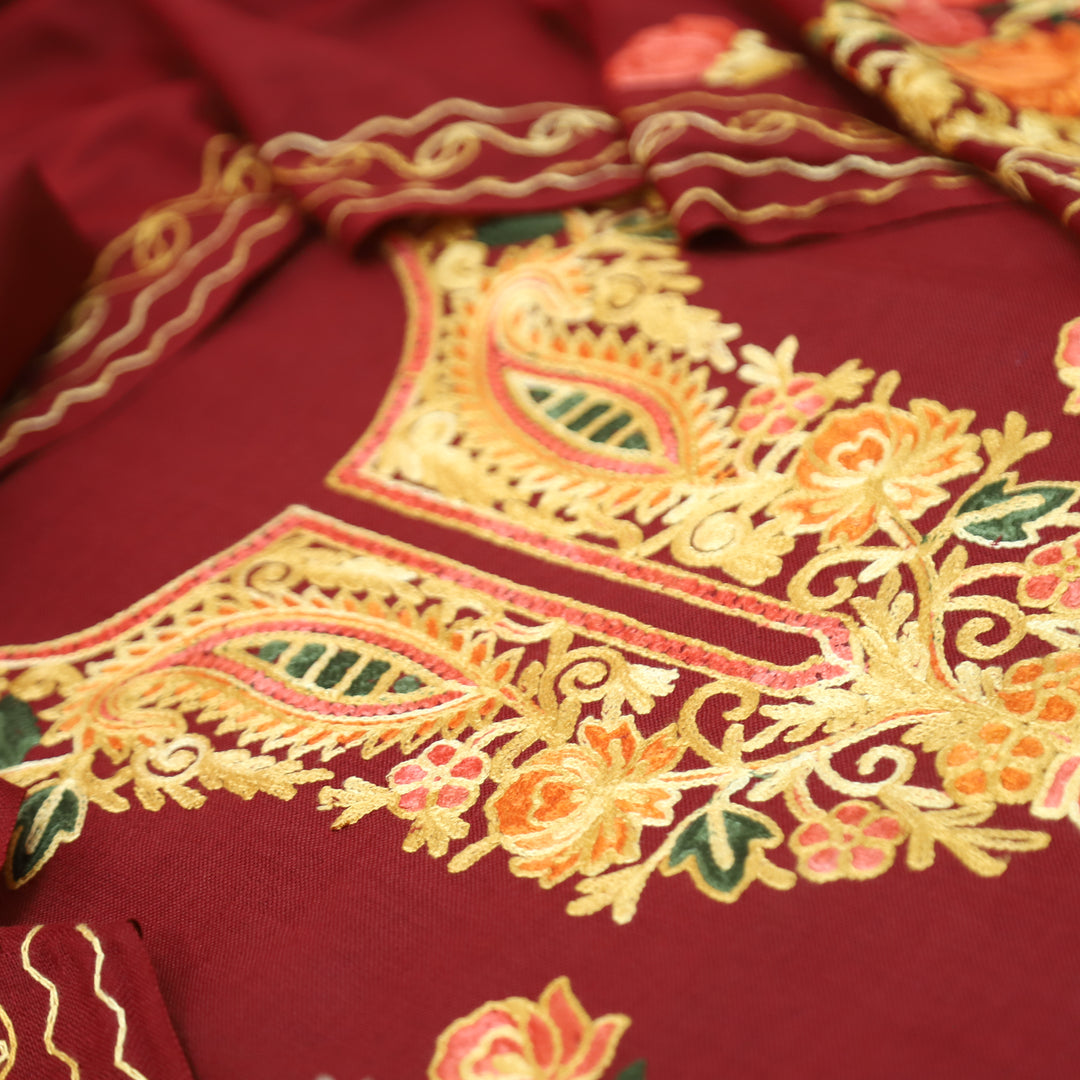 योगिनी Dark Maroon Woven with Kashida Embroidery Semi Pashmina Winter Set