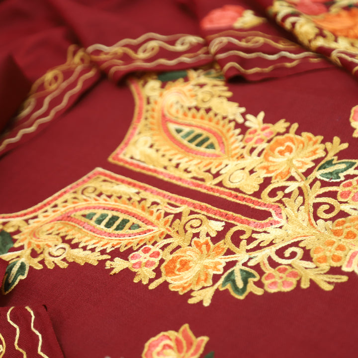 योगिनी Dark Maroon Woven with Kashida Embroidery Semi Pashmina Winter Set
