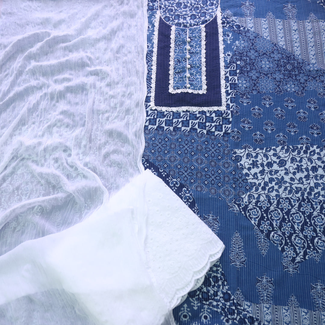 Sufna Indigo Blue Lace Neck Dabu Patch Printed in Kantha Cotton 3 Piece Set