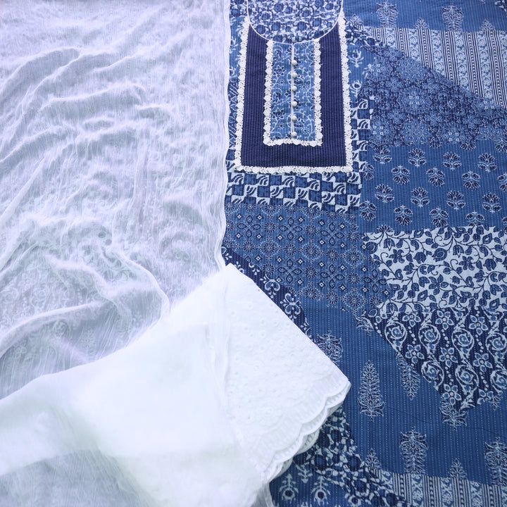 Sufna Indigo Blue Lace Neck Dabu Patch Printed in Kantha Cotton 3 Piece Set