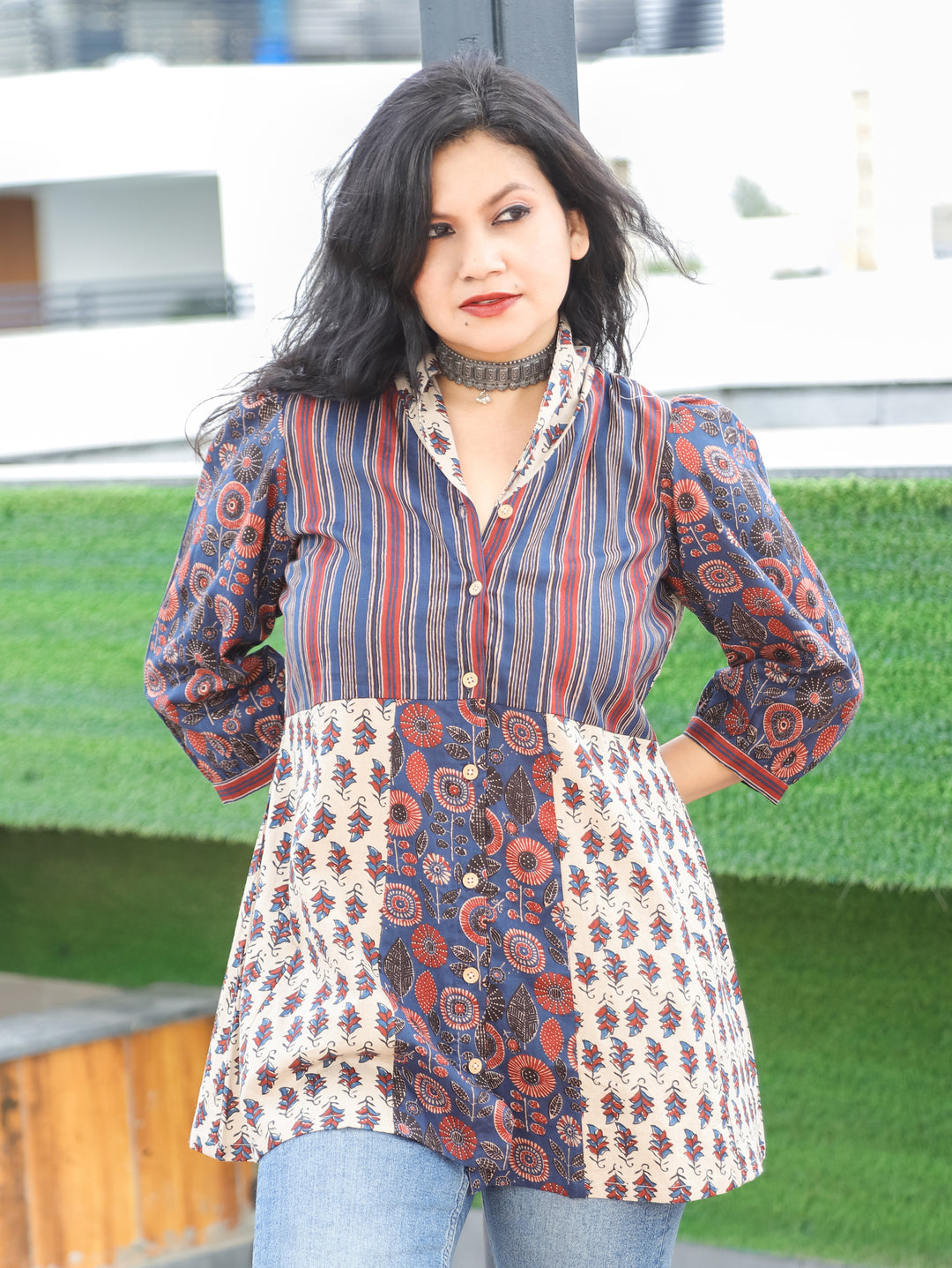 Sara Blue Peplum Ajrak Cotton Shirt