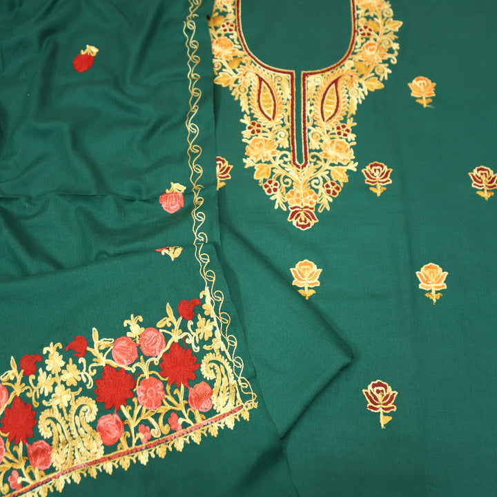 योगिनी Dark Emerald Woven with Kashida Embroidery Semi Pashmina Winter Set