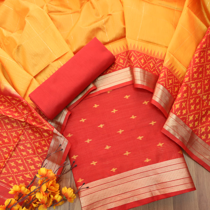 Saheli Bride Red Golden Ikkat Weaved Tussar Chanderi Silk Set