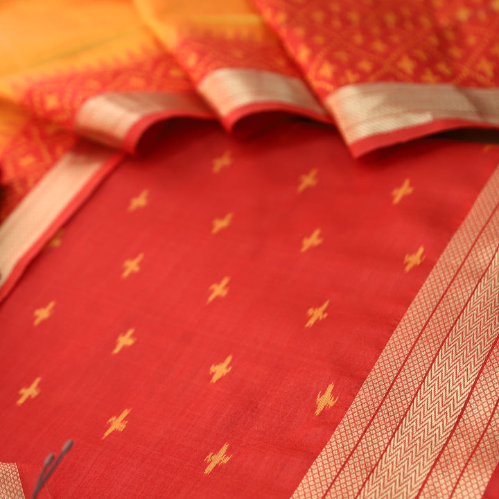 Saheli Bride Red Golden Ikkat Weaved Tussar Chanderi Silk Set
