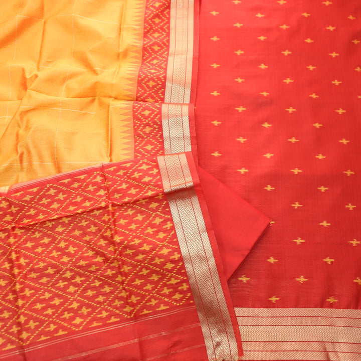 Saheli Bride Red Golden Ikkat Weaved Tussar Chanderi Silk Set