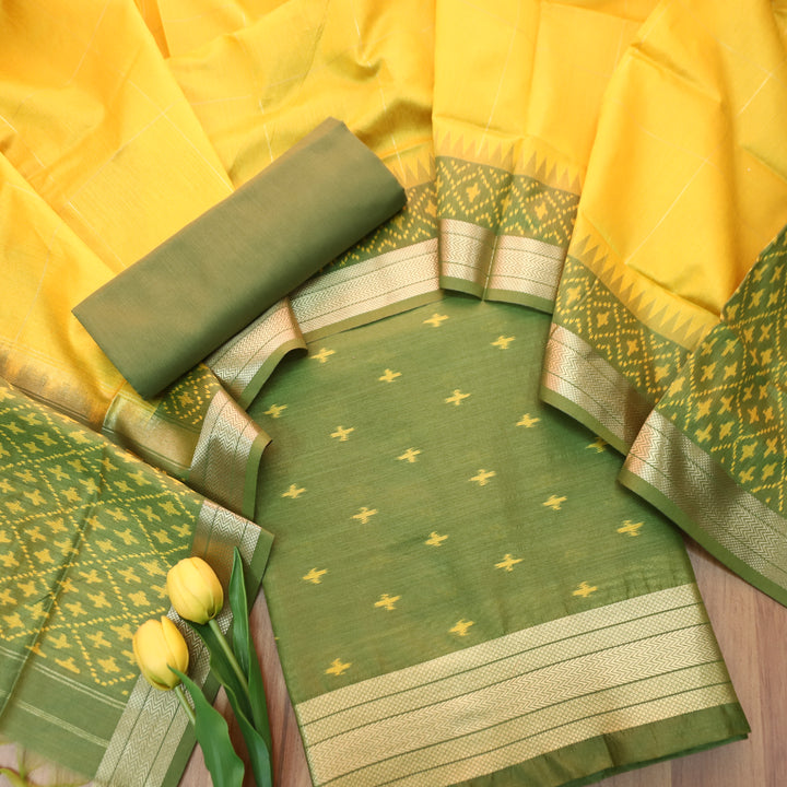 Saheli Leaf Green Golden Ikkat Weaved Tussar Chanderi Silk Set