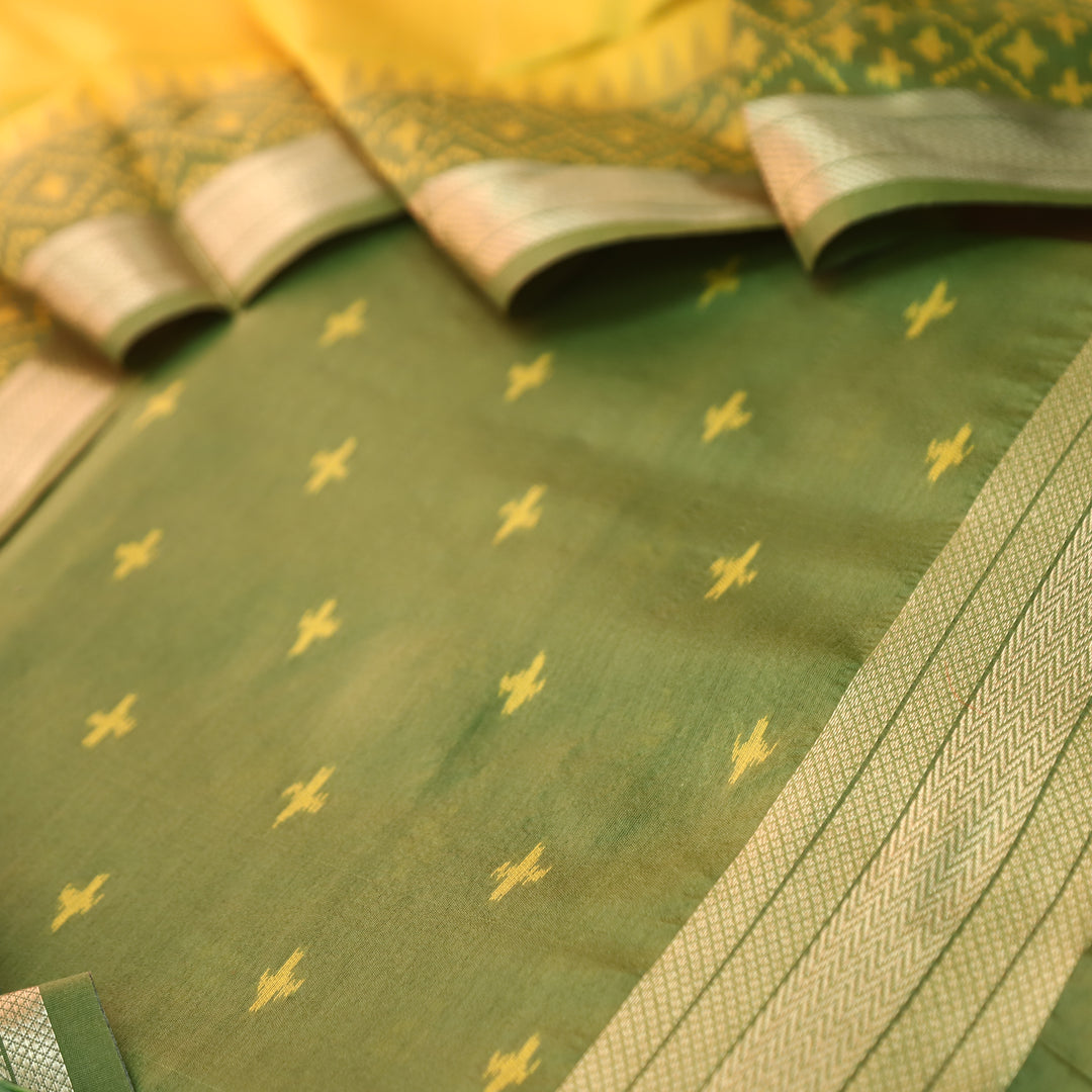 Saheli Leaf Green Golden Ikkat Weaved Tussar Chanderi Silk Set