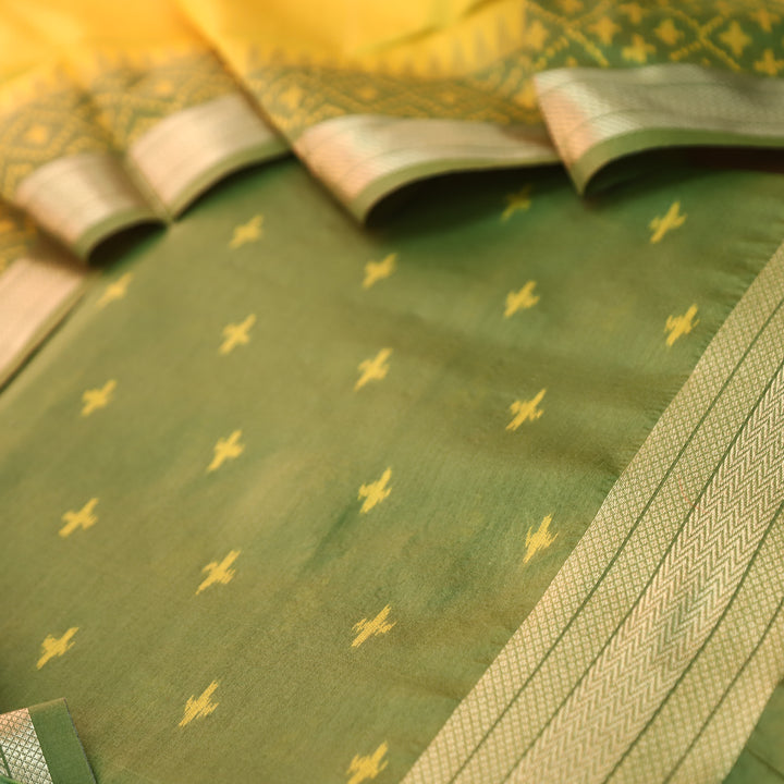 Saheli Leaf Green Golden Ikkat Weaved Tussar Chanderi Silk Set