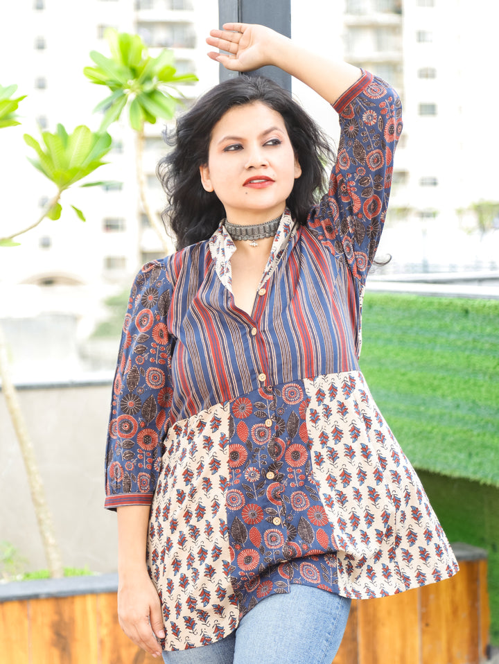 Sara Blue Peplum Ajrak Cotton Shirt