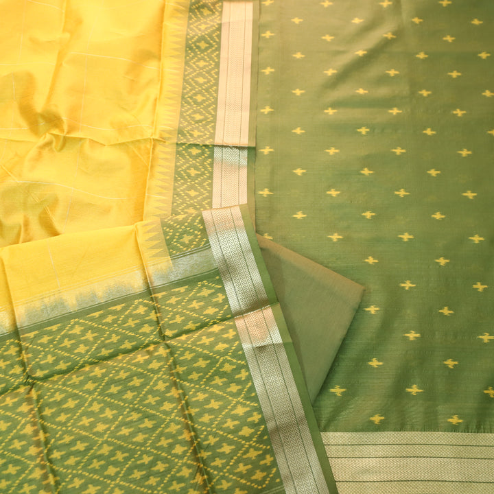 Saheli Leaf Green Golden Ikkat Weaved Tussar Chanderi Silk Set