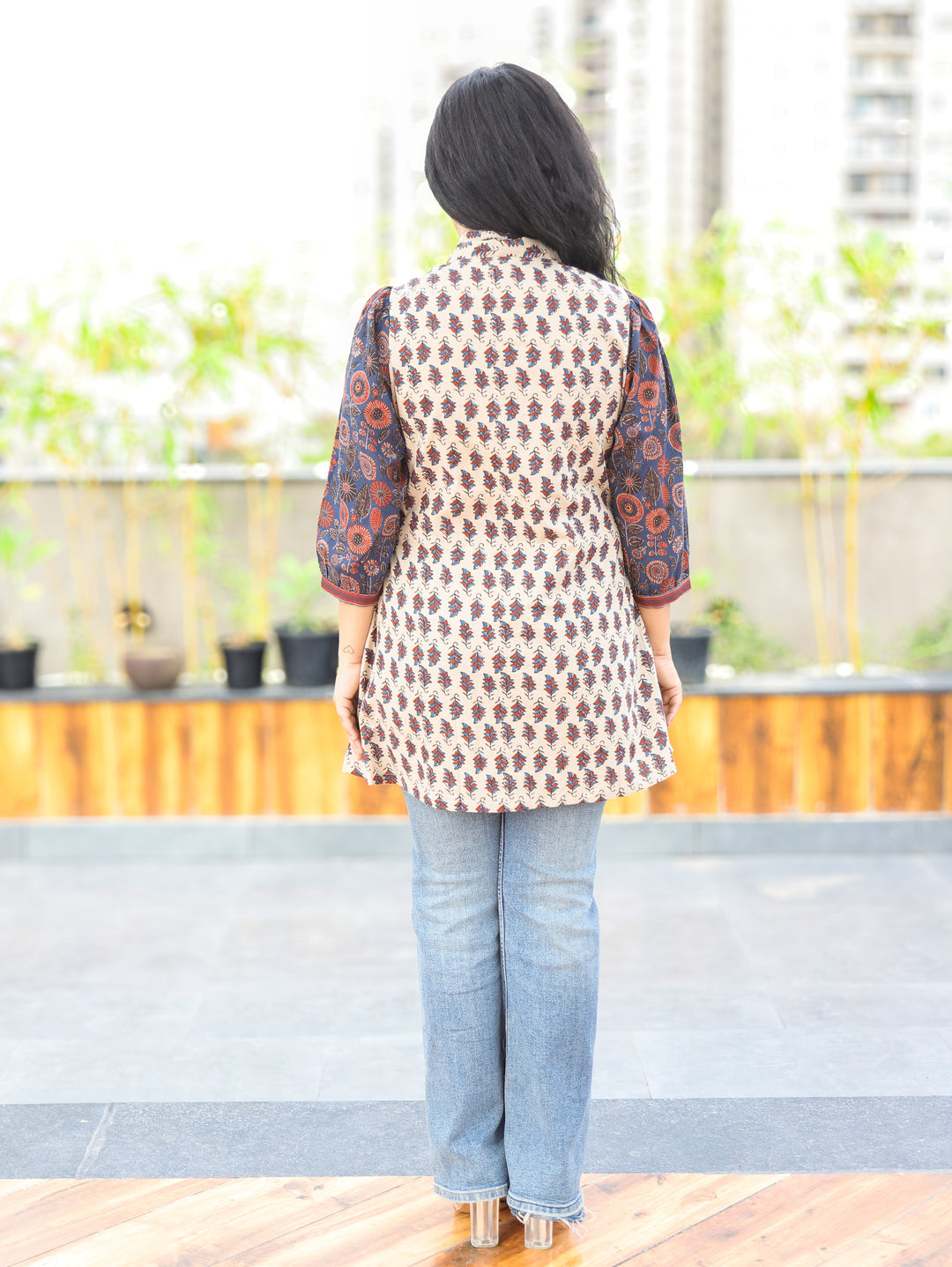 Sara Blue Peplum Ajrak Cotton Shirt