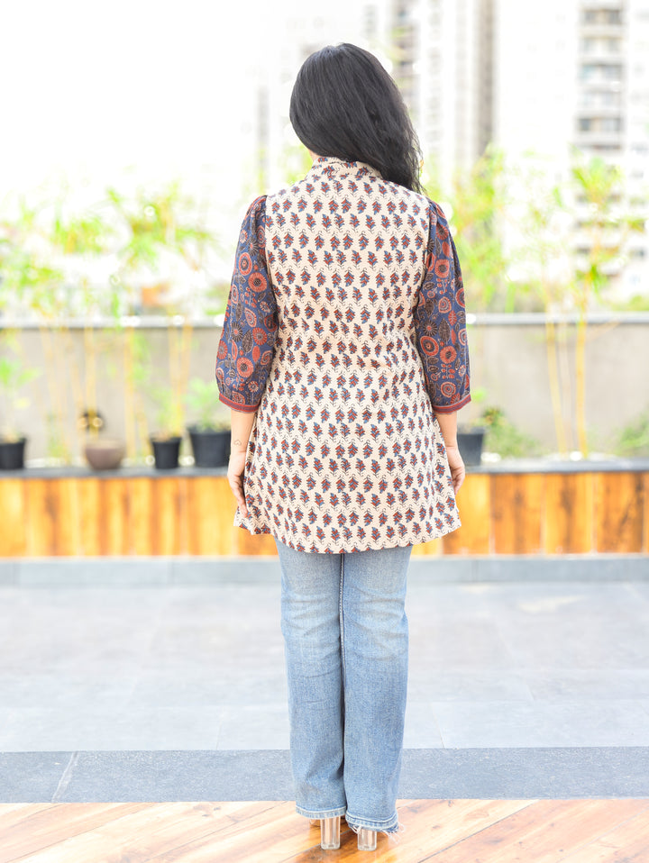 Sara Blue Peplum Ajrak Cotton Shirt