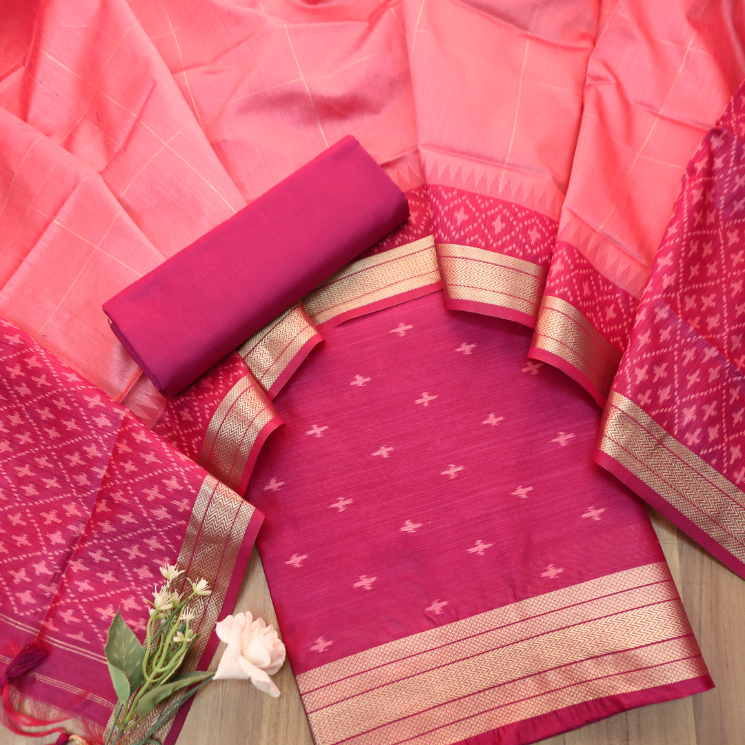 Saheli Magenta Pink Golden Ikkat Weaved Tussar Chanderi Silk Set