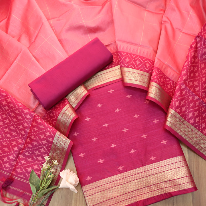 Saheli Magenta Pink Golden Ikkat Weaved Tussar Chanderi Silk Set