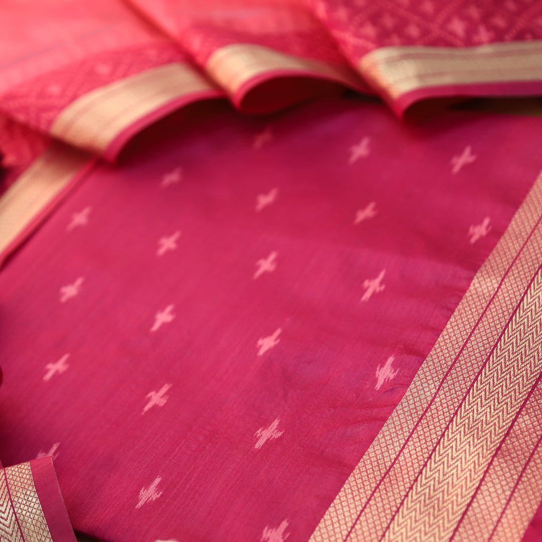 Saheli Magenta Pink Golden Ikkat Weaved Tussar Chanderi Silk Set