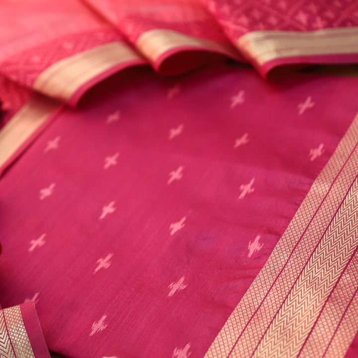 Saheli Magenta Pink Golden Ikkat Weaved Tussar Chanderi Silk Set