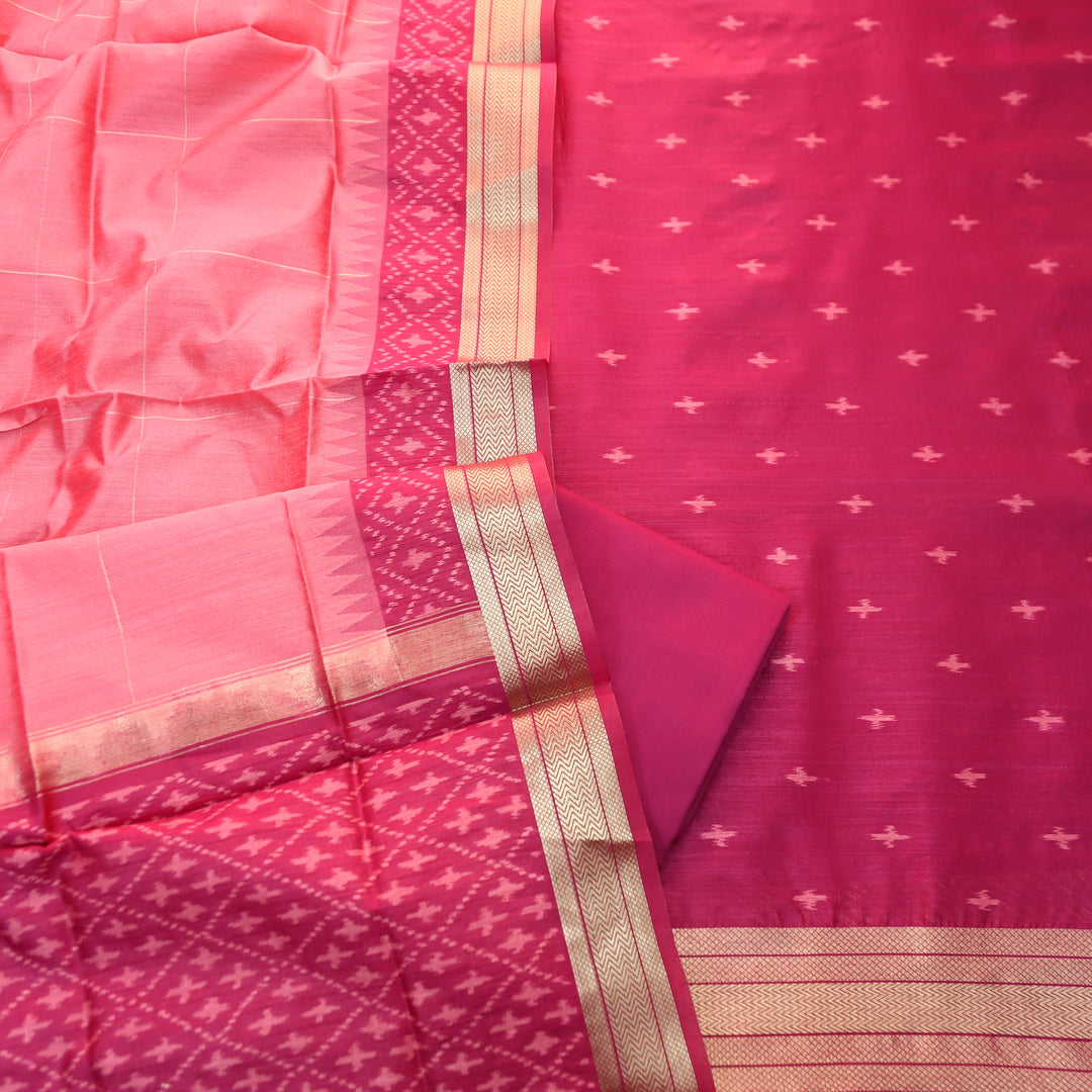 Saheli Magenta Pink Golden Ikkat Weaved Tussar Chanderi Silk Set