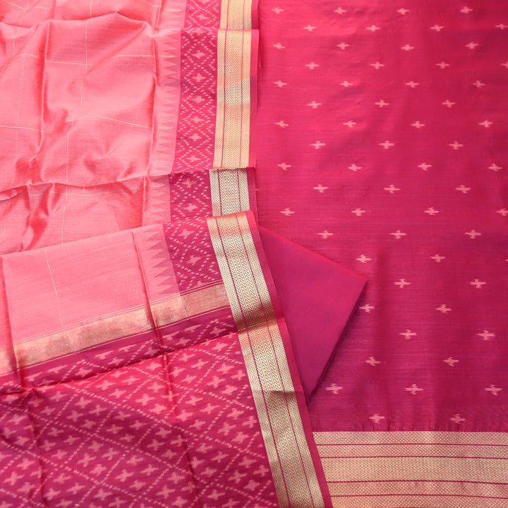Saheli Magenta Pink Golden Ikkat Weaved Tussar Chanderi Silk Set