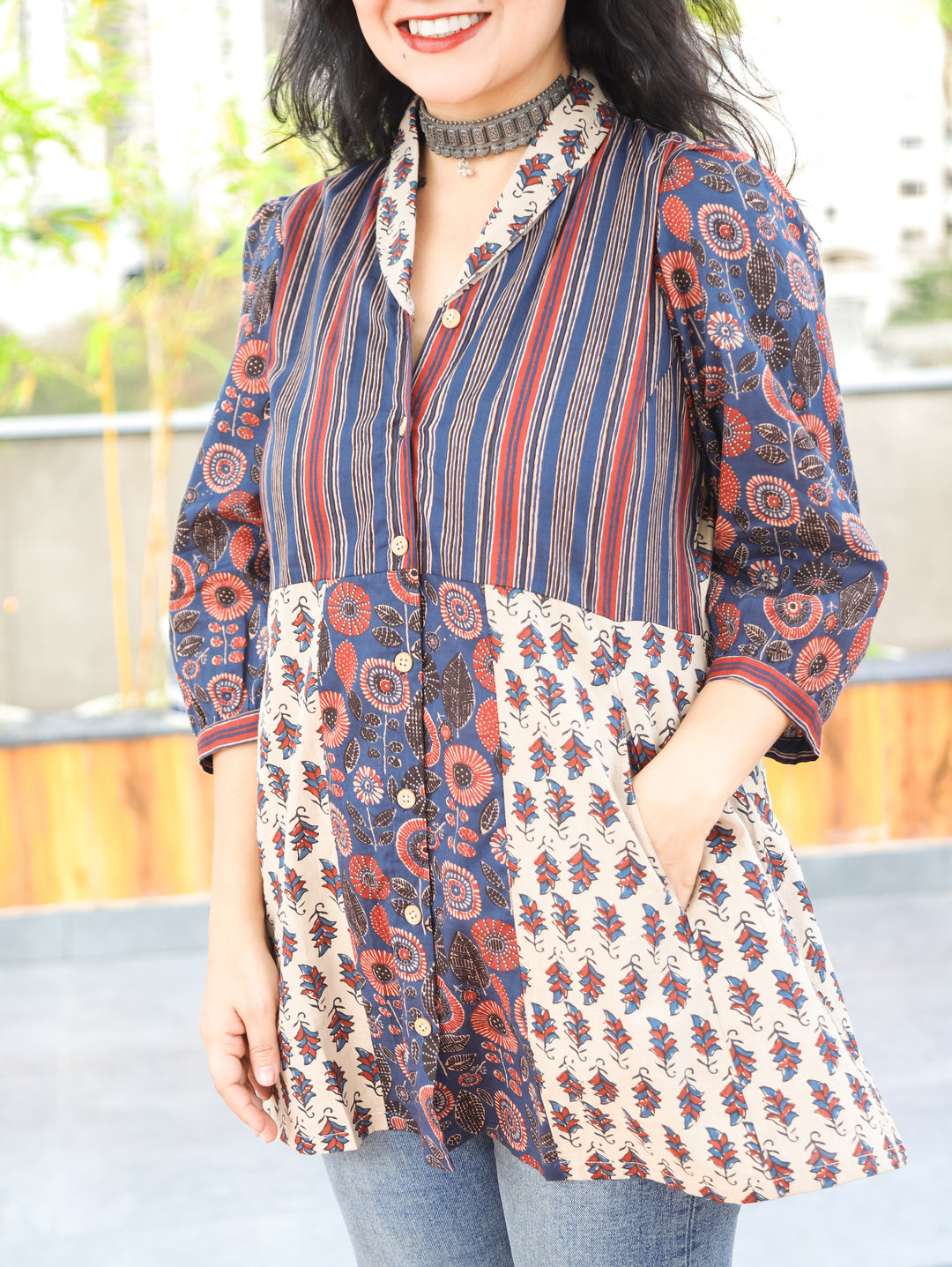 Sara Blue Peplum Ajrak Cotton Shirt