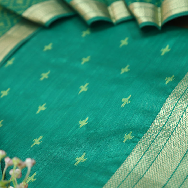 Saheli Teal Turq Golden Ikkat Weaved Tussar Chanderi Silk Set