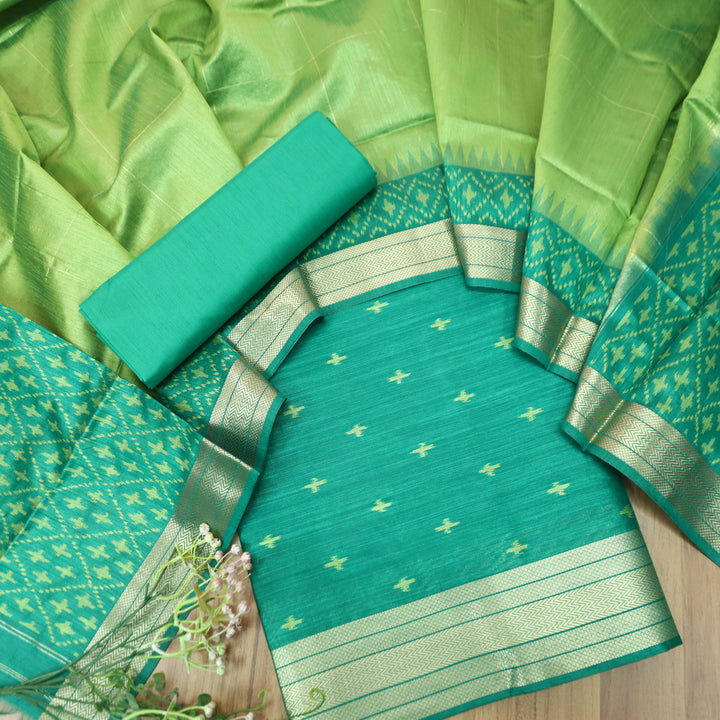 Saheli Teal Turq Golden Ikkat Weaved Tussar Chanderi Silk Set