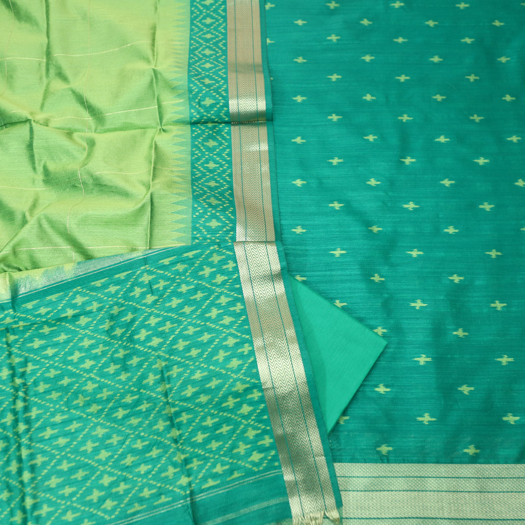 Saheli Teal Turq Golden Ikkat Weaved Tussar Chanderi Silk Set