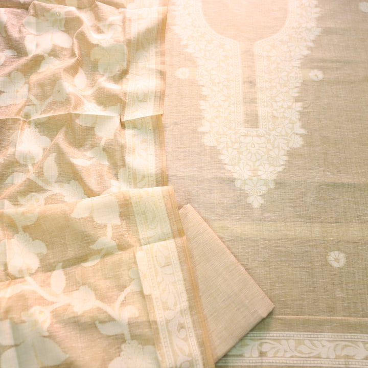 Rubina Sand Beige Authentic Jamdani Weaved Neck Chanderi Set
