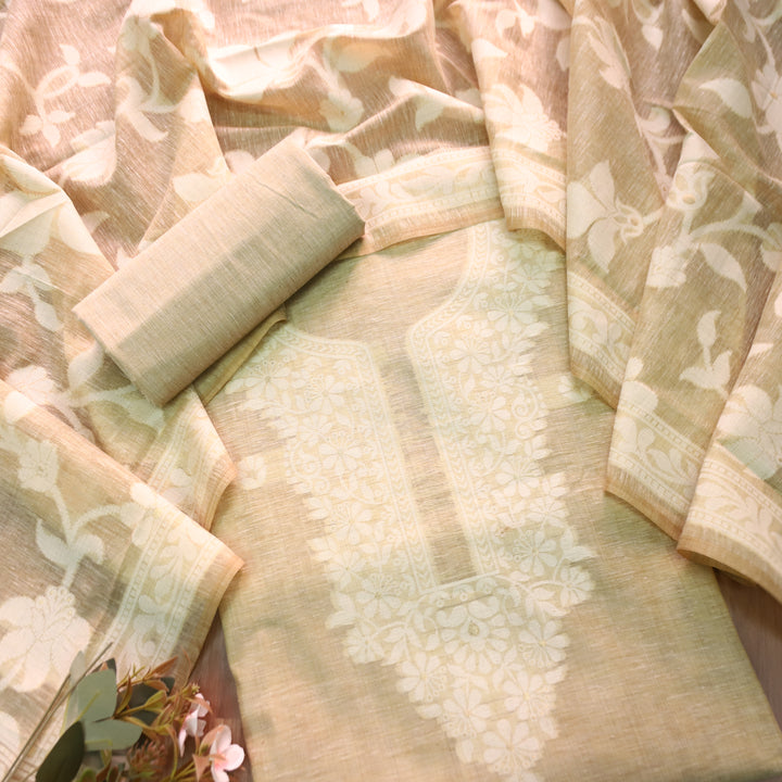 Rubina Sand Beige Authentic Jamdani Weaved Neck Chanderi Set