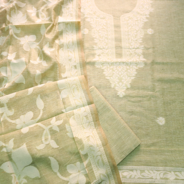 Rubina Mint Green Authentic Jamdani Weaved Neck Chanderi Set