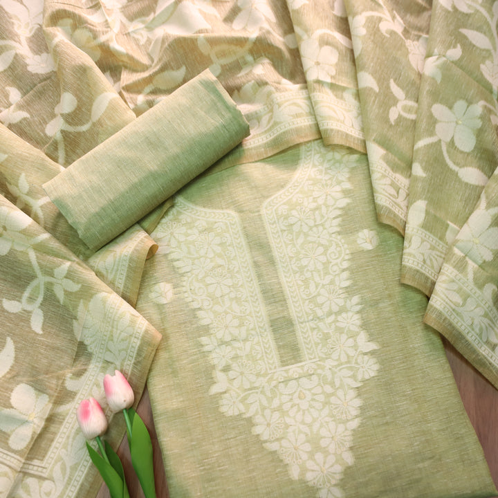 Rubina Mint Green Authentic Jamdani Weaved Neck Chanderi Set