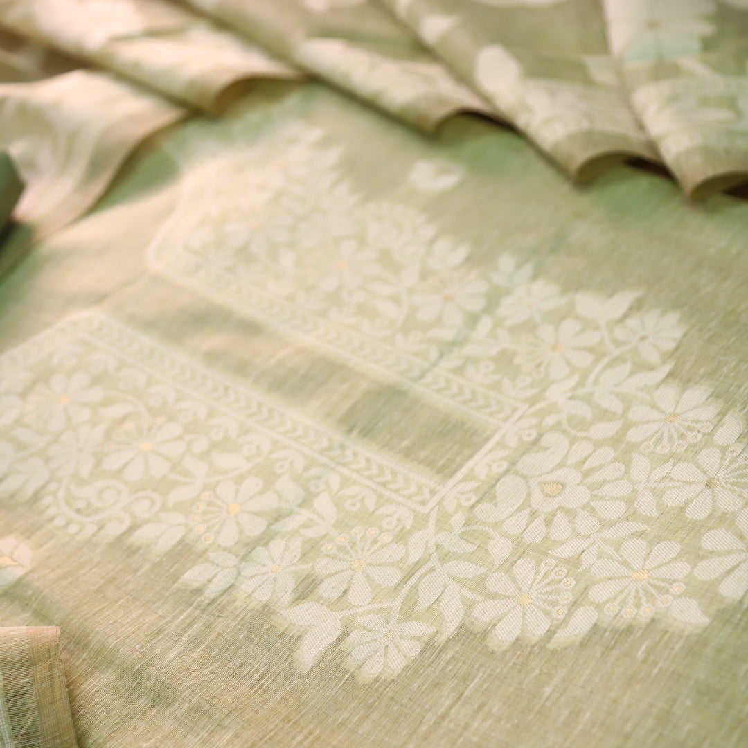 Rubina Mint Green Authentic Jamdani Weaved Neck Chanderi Set