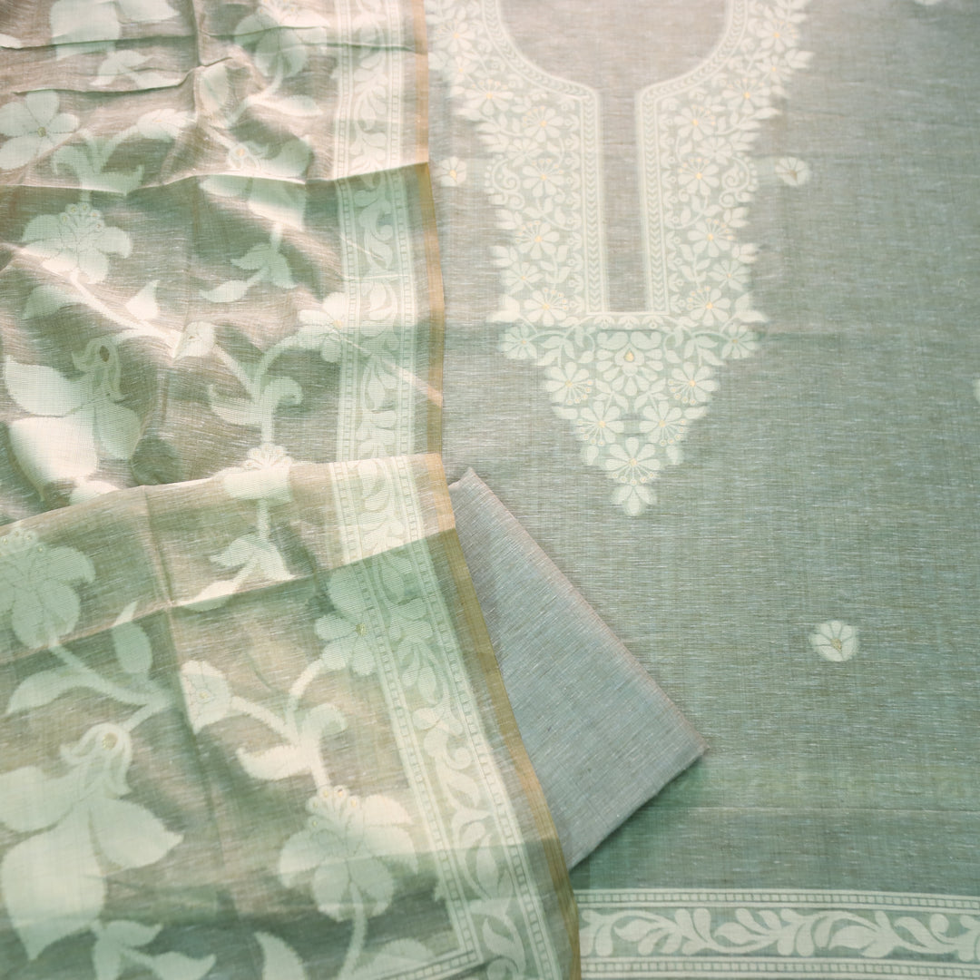 Rubina Ice Blue Authentic Jamdani Weaved Neck Chanderi Set