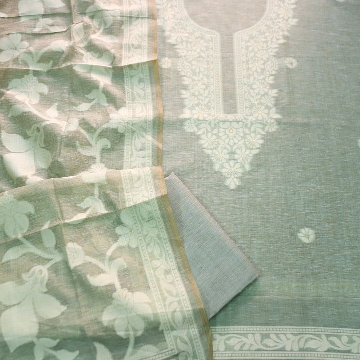 Rubina Ice Blue Authentic Jamdani Weaved Neck Chanderi Set