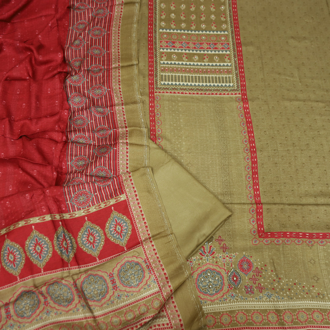माहिया Hazel Beige Panel Print with Spiral Work in Soft Viscose Pashmina Set