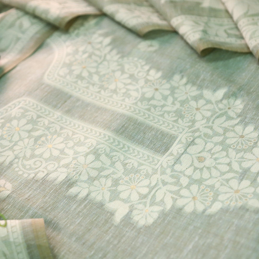 Rubina Ice Blue Authentic Jamdani Weaved Neck Chanderi Set